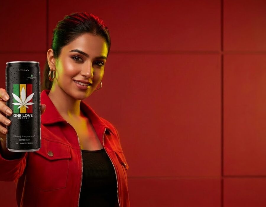 Model holding a One Love energy drink can