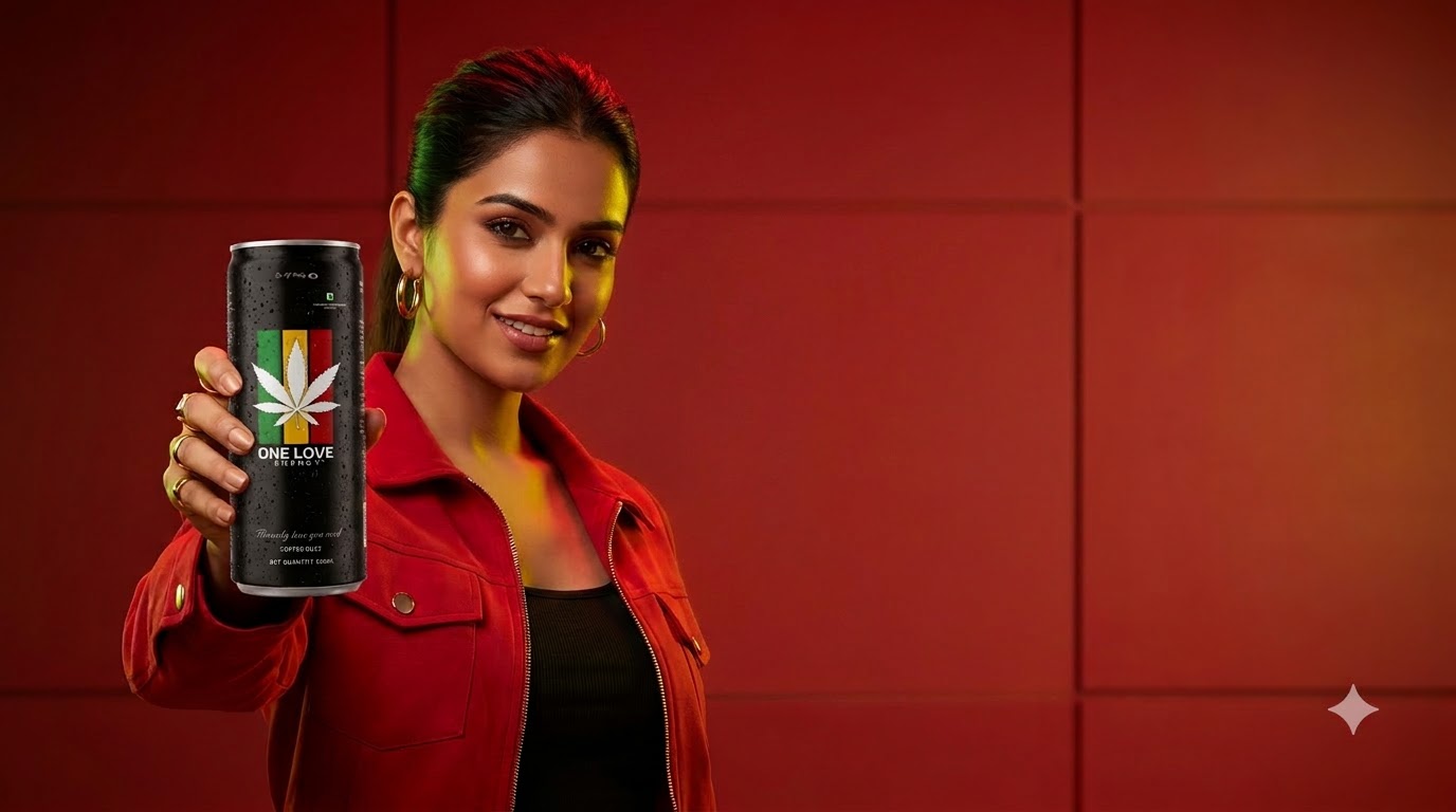 Model holding a One Love energy drink can