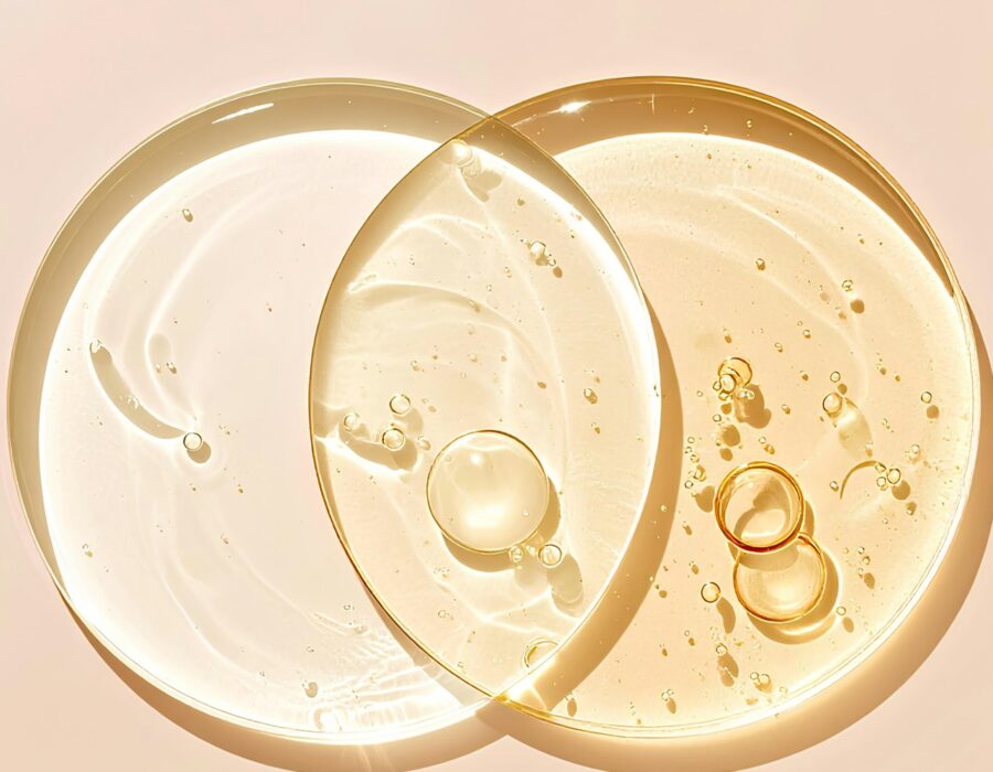 Skincare gel, cream and oil textures on a beige background