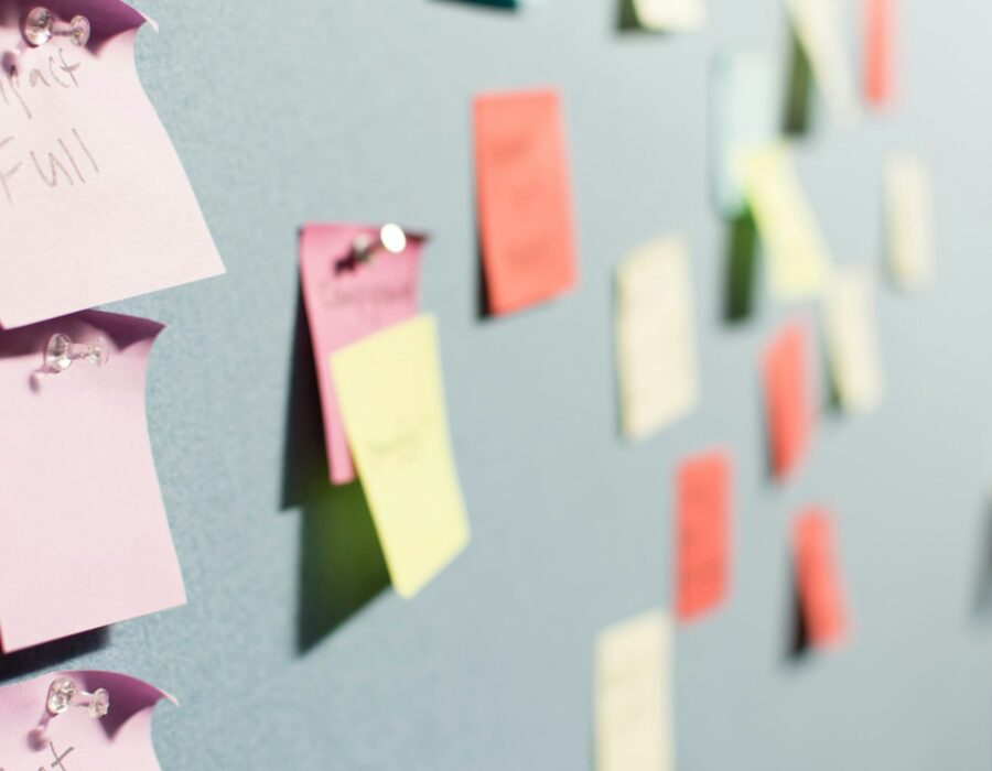 Wall of sticky notes from a naming brainstorm